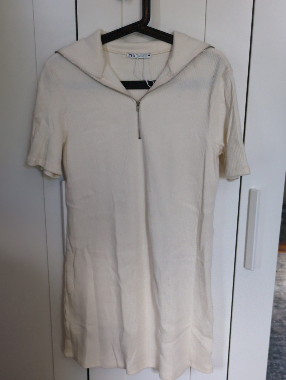 Zara Cream Ribbed Short-Sleeve Zip Polo Dress